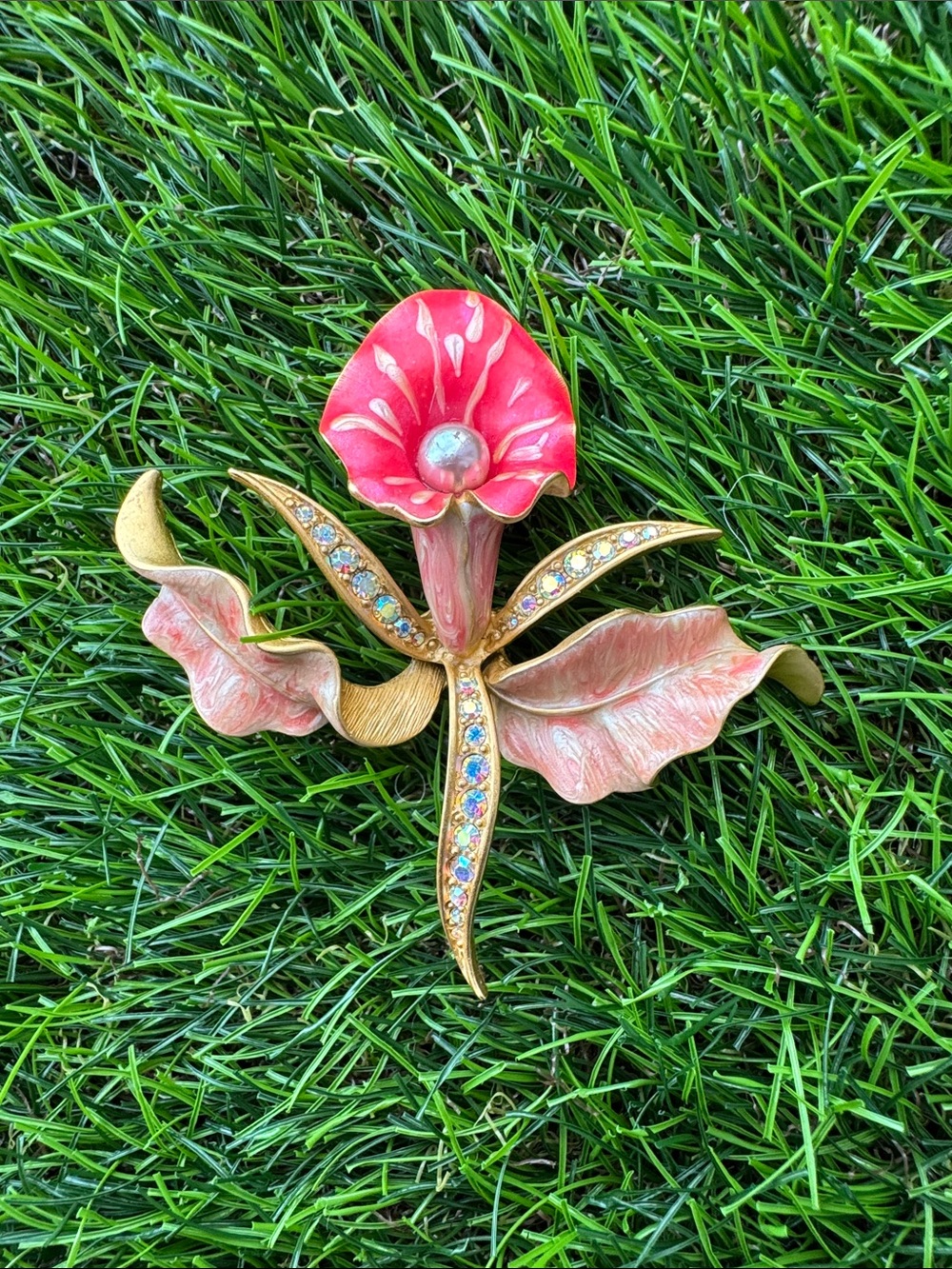 Vintage Pink Enamel Floral Brooch with Aurora Borealis Crystals